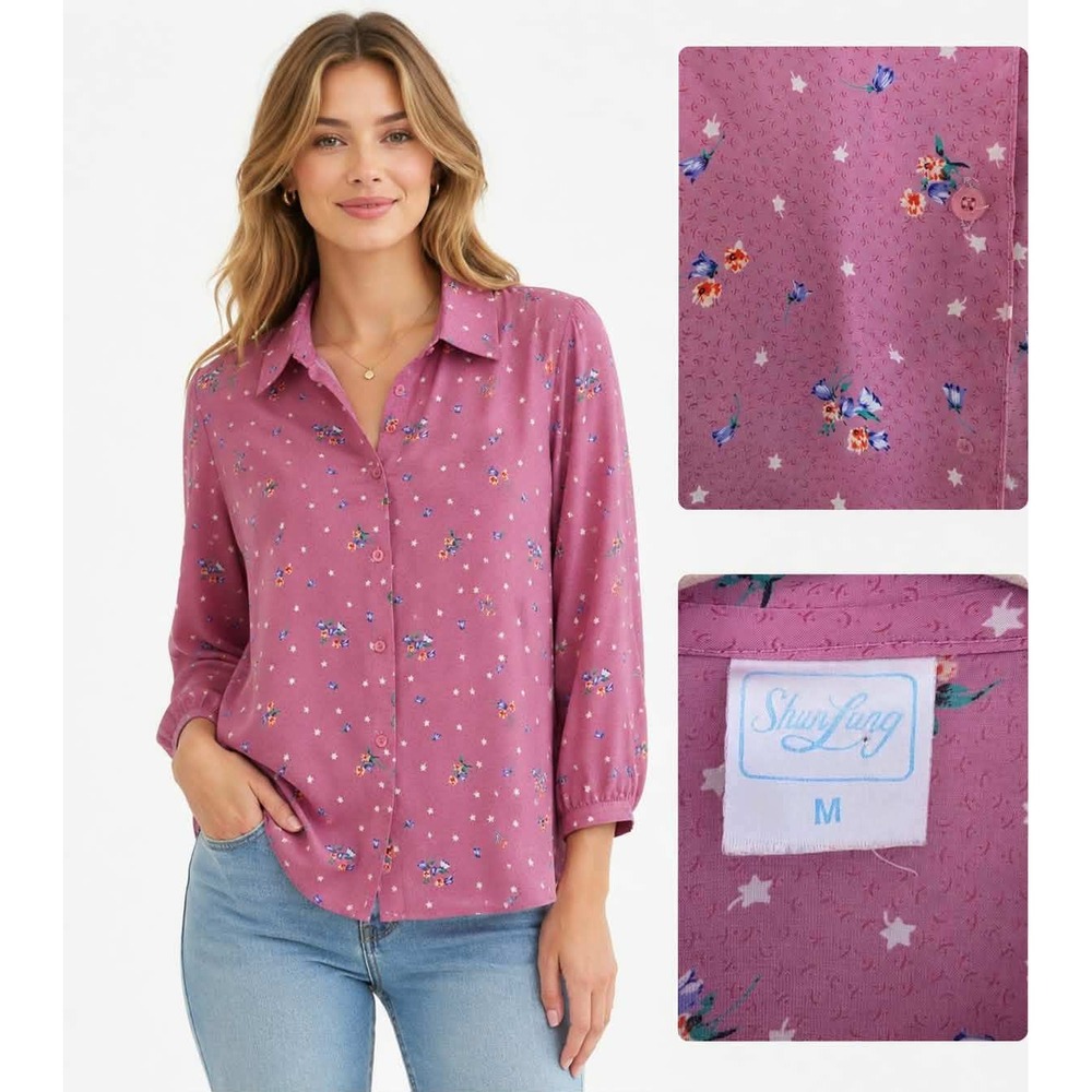 Vintage 60's Shun Lung Ditsy Floral Blouse Shirt M Pink Boho Cottagecore - Picture 1 of 8